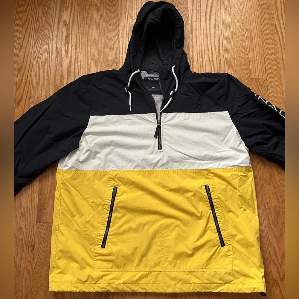Nautica Men's Navy Blue, White, and Yellow Colorblock Windbreaker